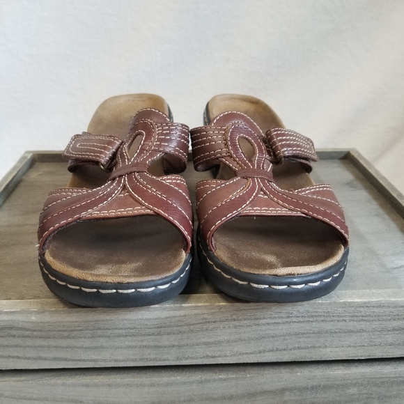 Clarks Bendables Brown Leather 8.5 Open Toe Comfort Slide Wedge Sandals - Picture 2 of 12
